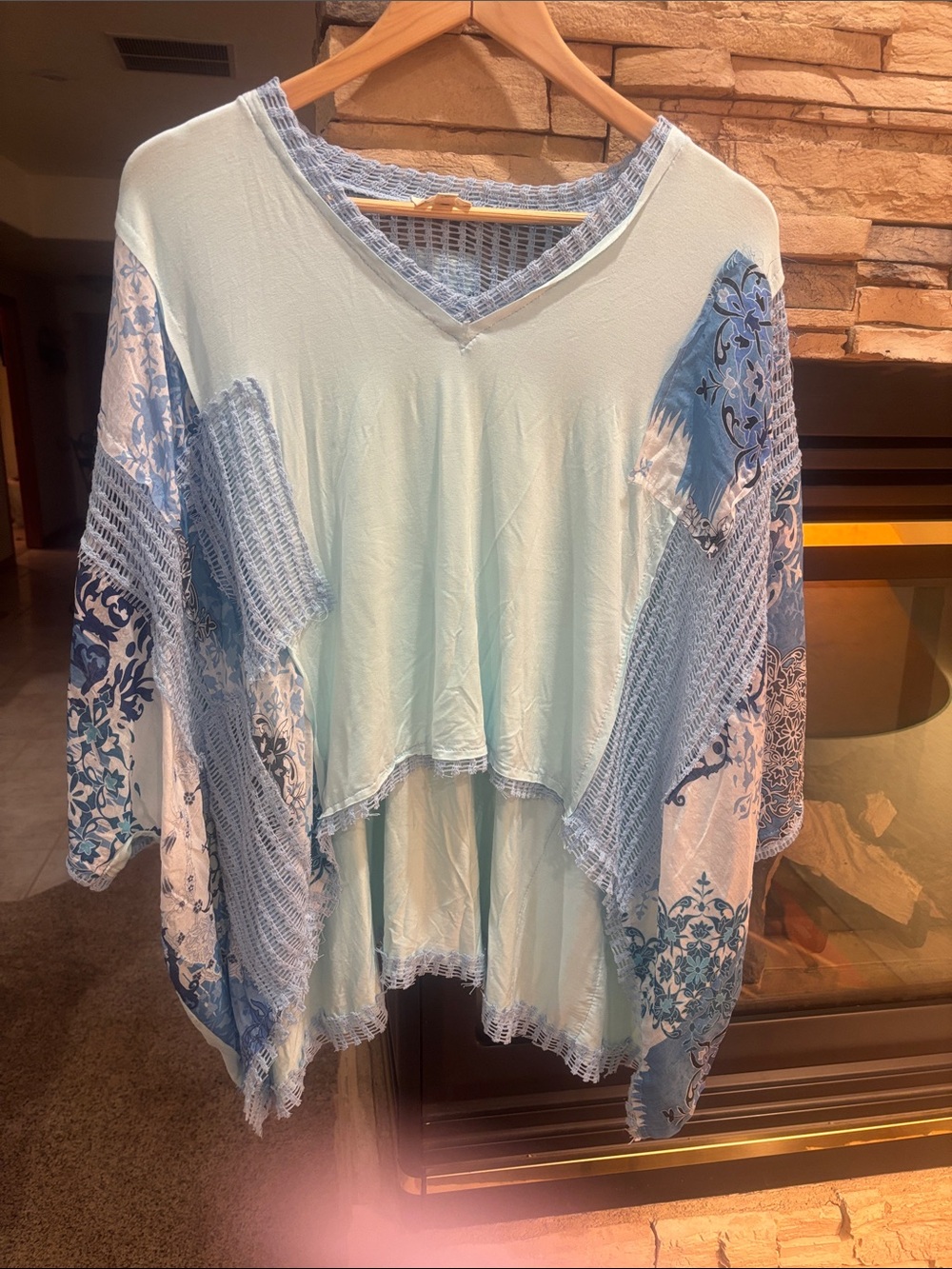 POL Pale Blue Mixed-Print V-Neck Tunic